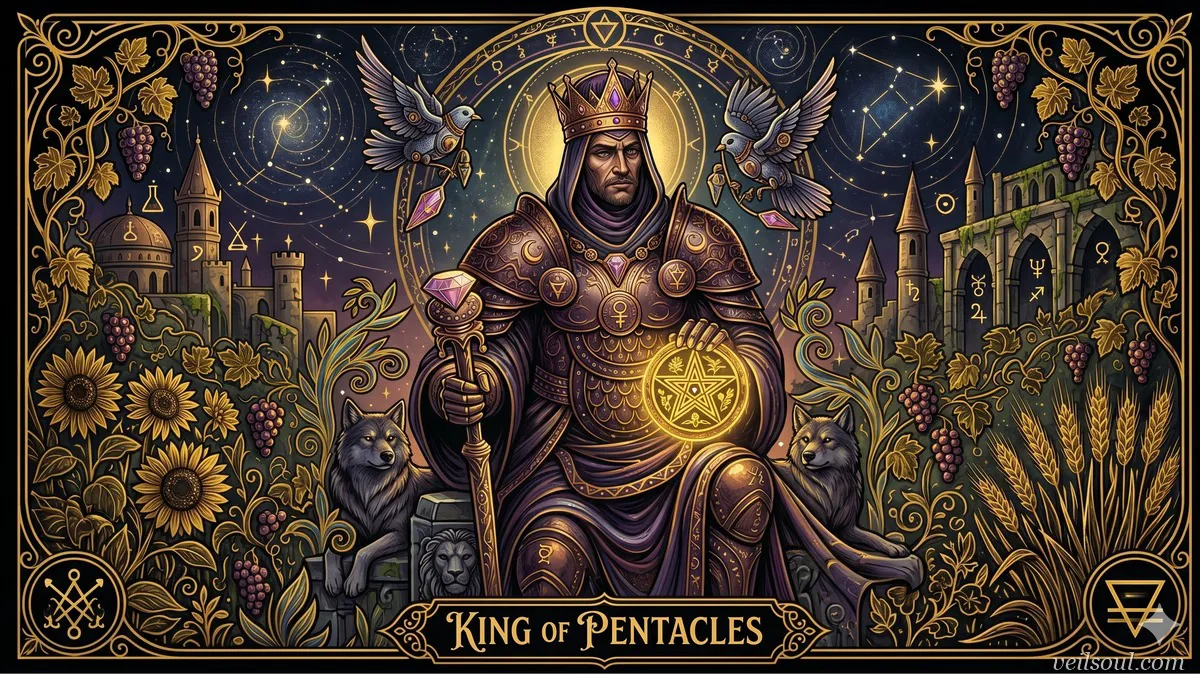 ペンタクルのキング タロットカードの意味：富、リーダーシップ、物質世界の支配