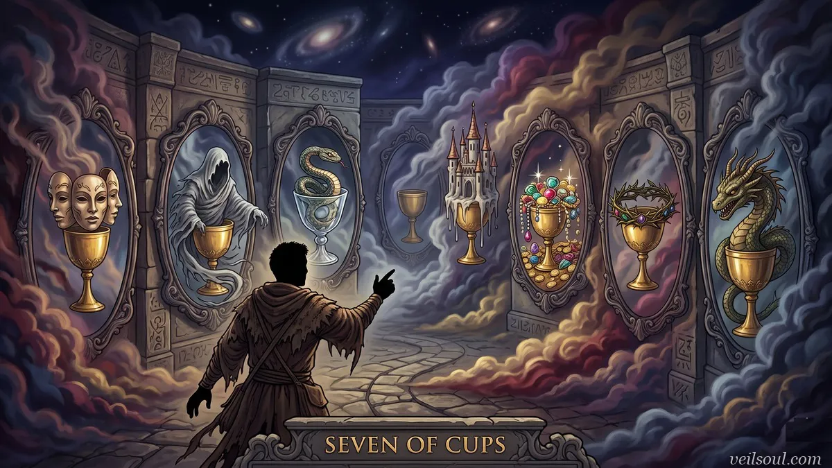 Seven of Cups Tarot Card Meaning: Illusions, Choices, and Wishful Thinking
