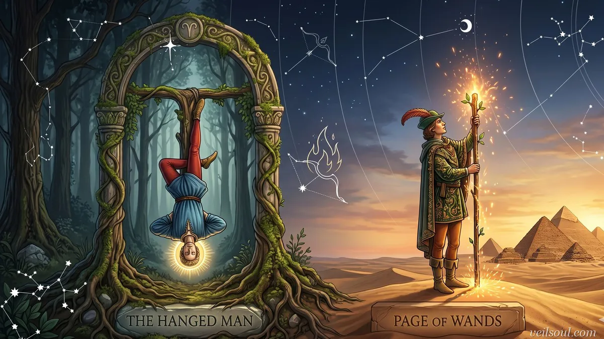 Meaning of The Hanged Man and Page of Wands Combination: Stillness Before the Spark